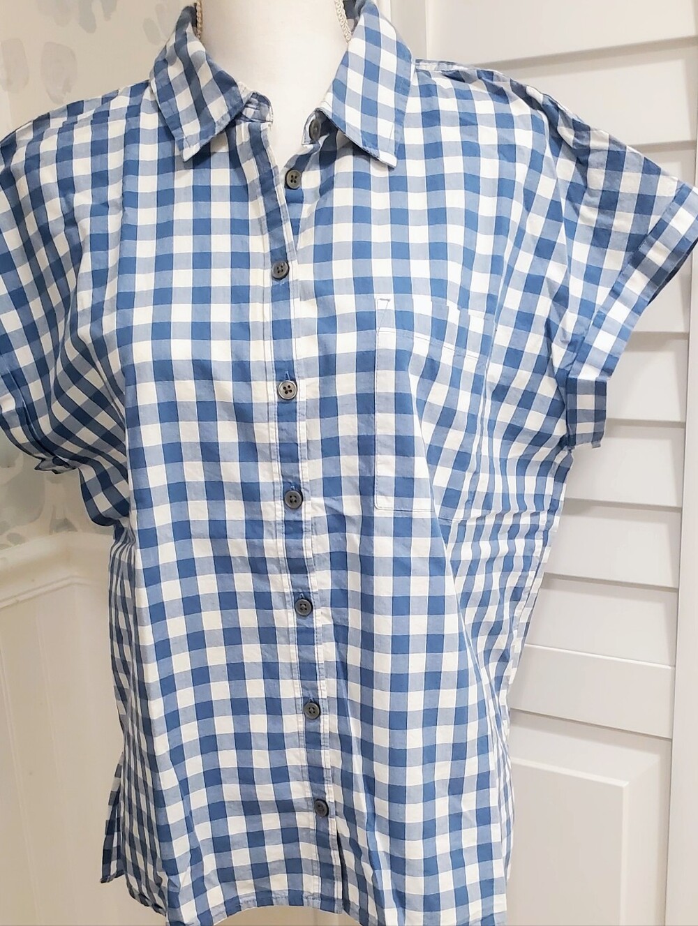 Style & Co. Blue and White Gingham Button Shirt Ladies Large